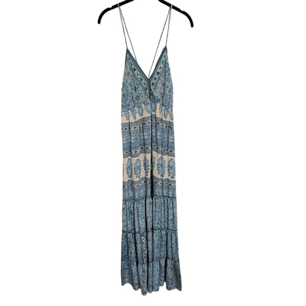 RAGA Women's Boho Floral Print Maxi Dress Green Trimmed Spaghetti Strap Large